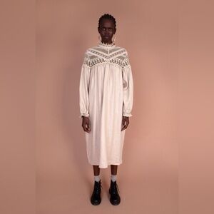 MEADOWS Vinca Linen Midi Peasant Lace Dress